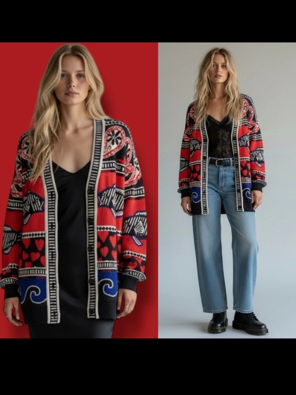 FARM Rio Red, Black & Blue Patterned Open-Front Cardigan